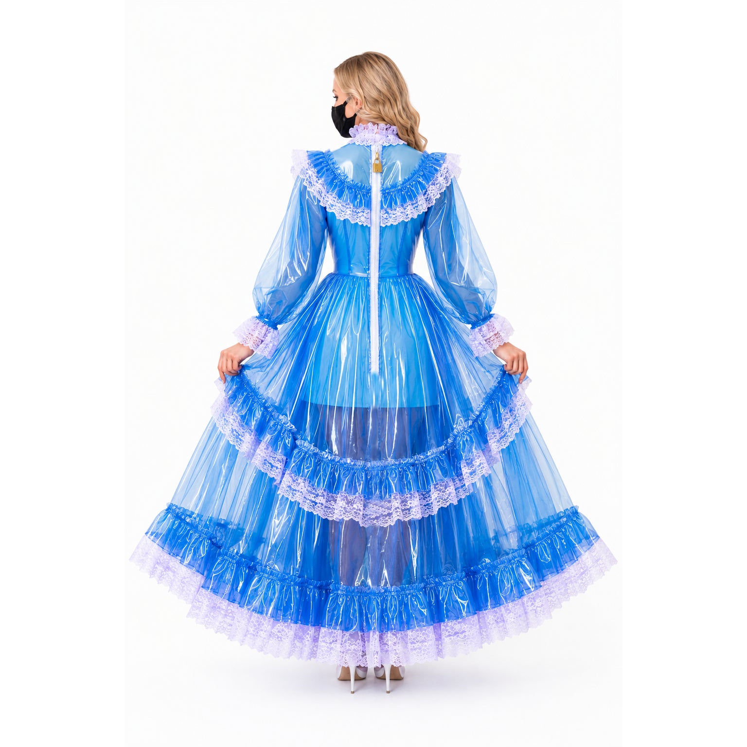 Blue PVC sissy maid dress with lace trim, back view showing zipper and ruffled layers