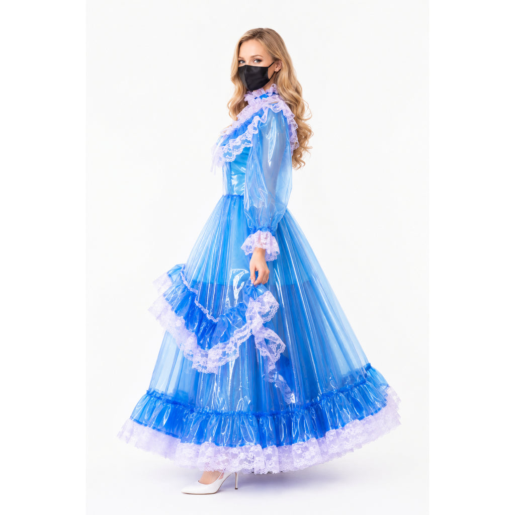 Blue sissy maid dress with lace trim and sheer overlay, featuring ruffled layers and elegant silhouette