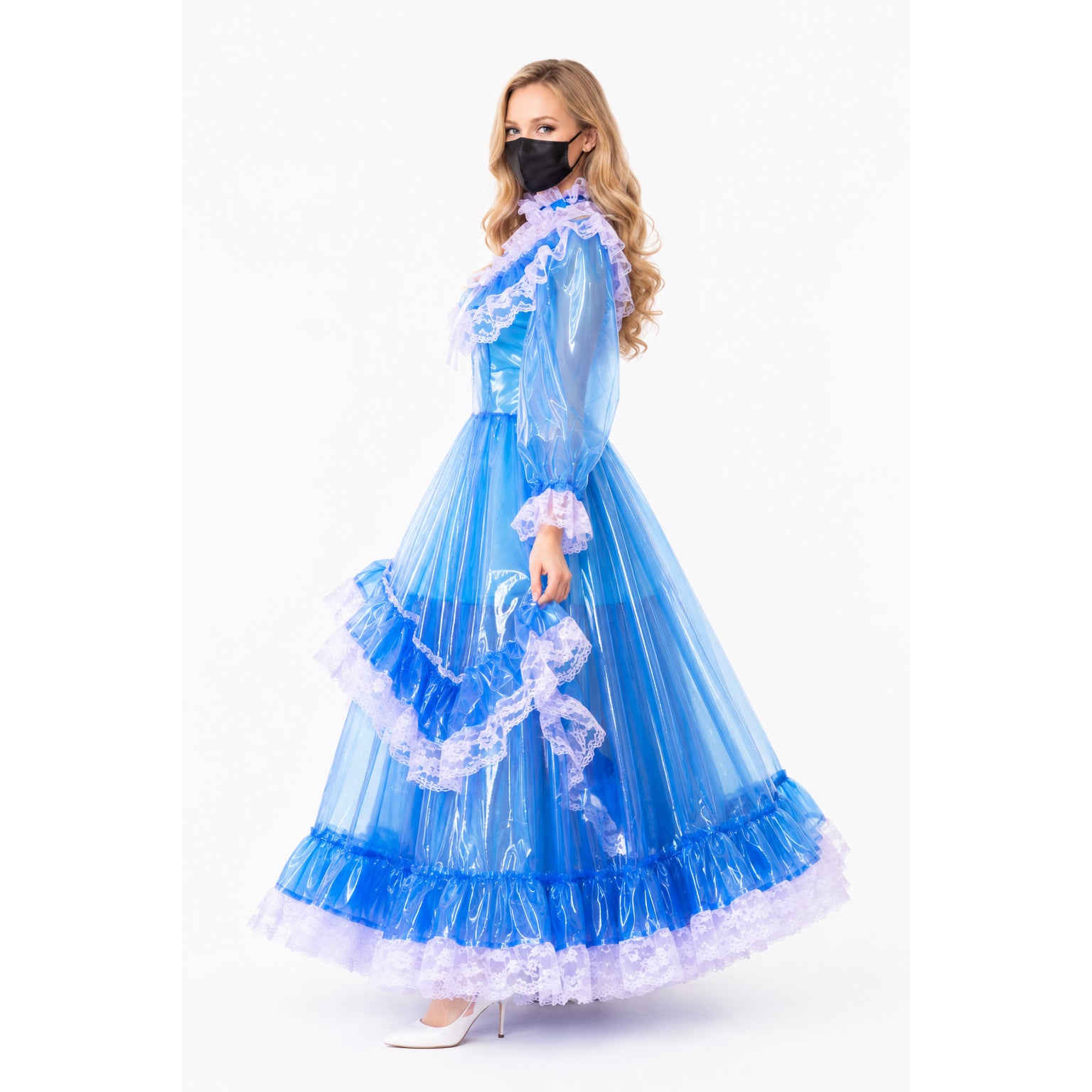 Blue sissy maid dress with lace trim and sheer overlay, featuring ruffled layers and elegant silhouette