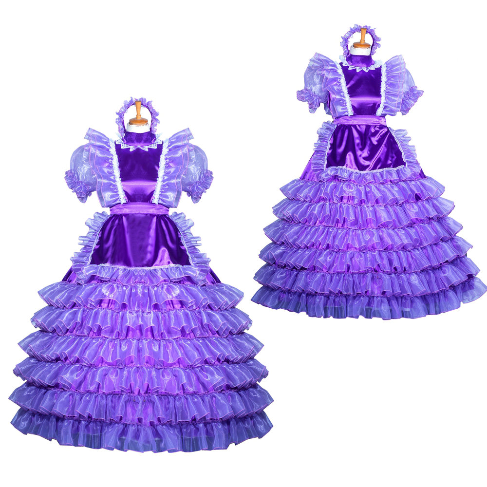 Purple sissy maid dress with ruffled layers, satin bodice, and lace trim on mannequin