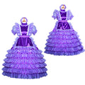 Purple sissy maid dress with ruffled layers, satin bodice, and lace trim on mannequin