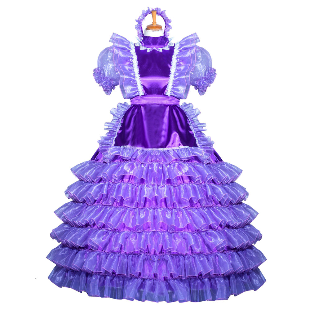 Purple sissy maid dress with ruffled layers, puffy sleeves, and lace trim on mannequin