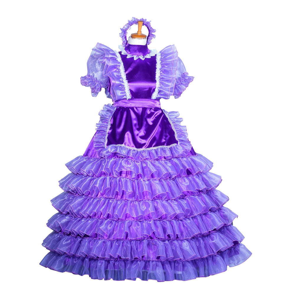 Purple sissy maid dress with ruffled layers, satin bodice, and matching headpiece for costume fashion