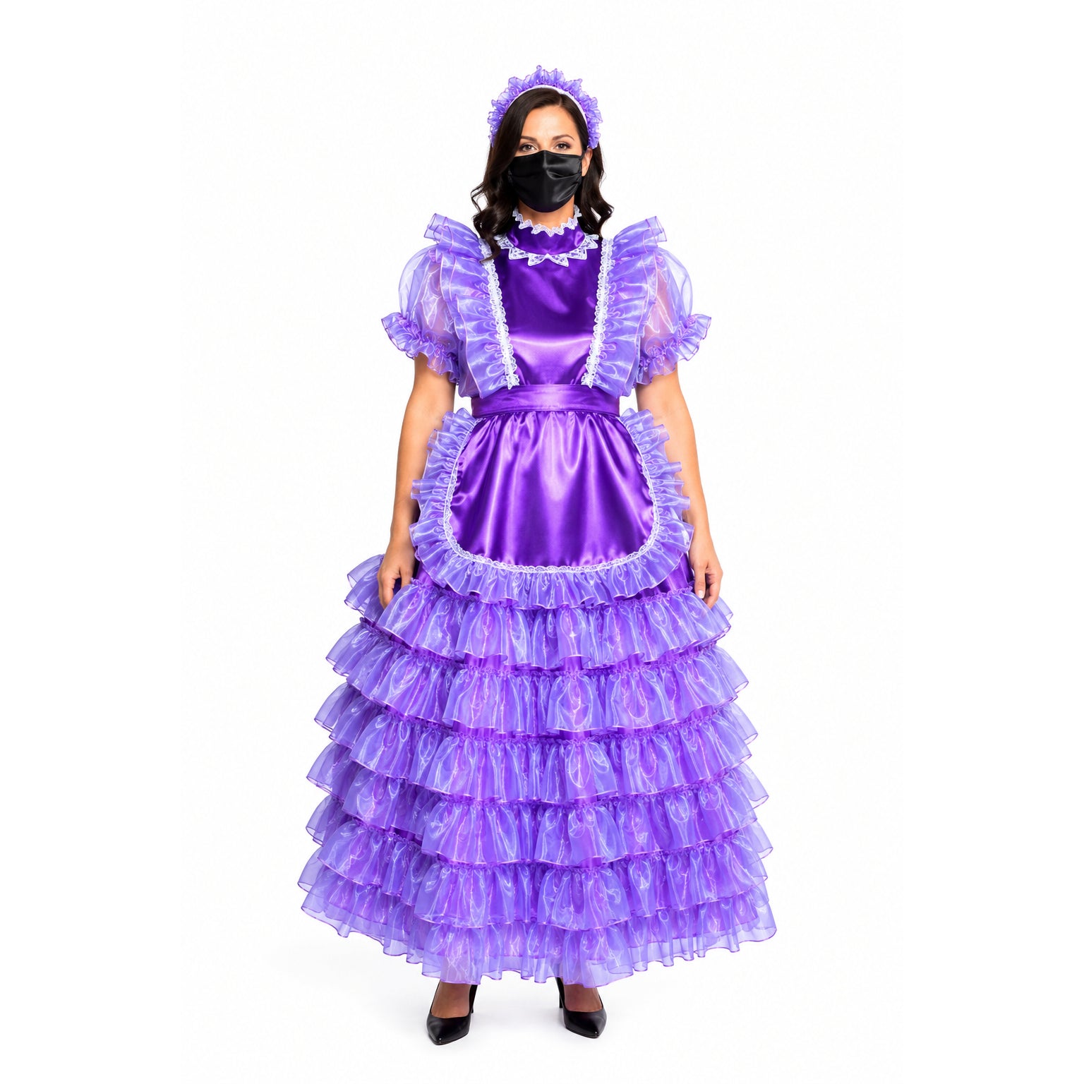 Purple sissy maid dress with ruffles, lace trim, and matching headpiece, styled for elegant costume fashion.