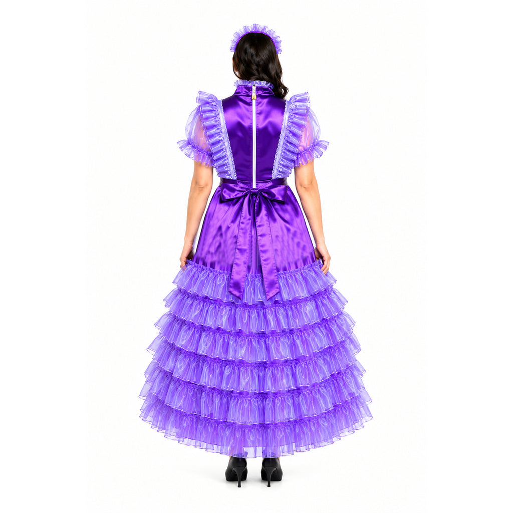 Purple sissy maid dress with ruffles, bow, and lace-up back, shown from behind