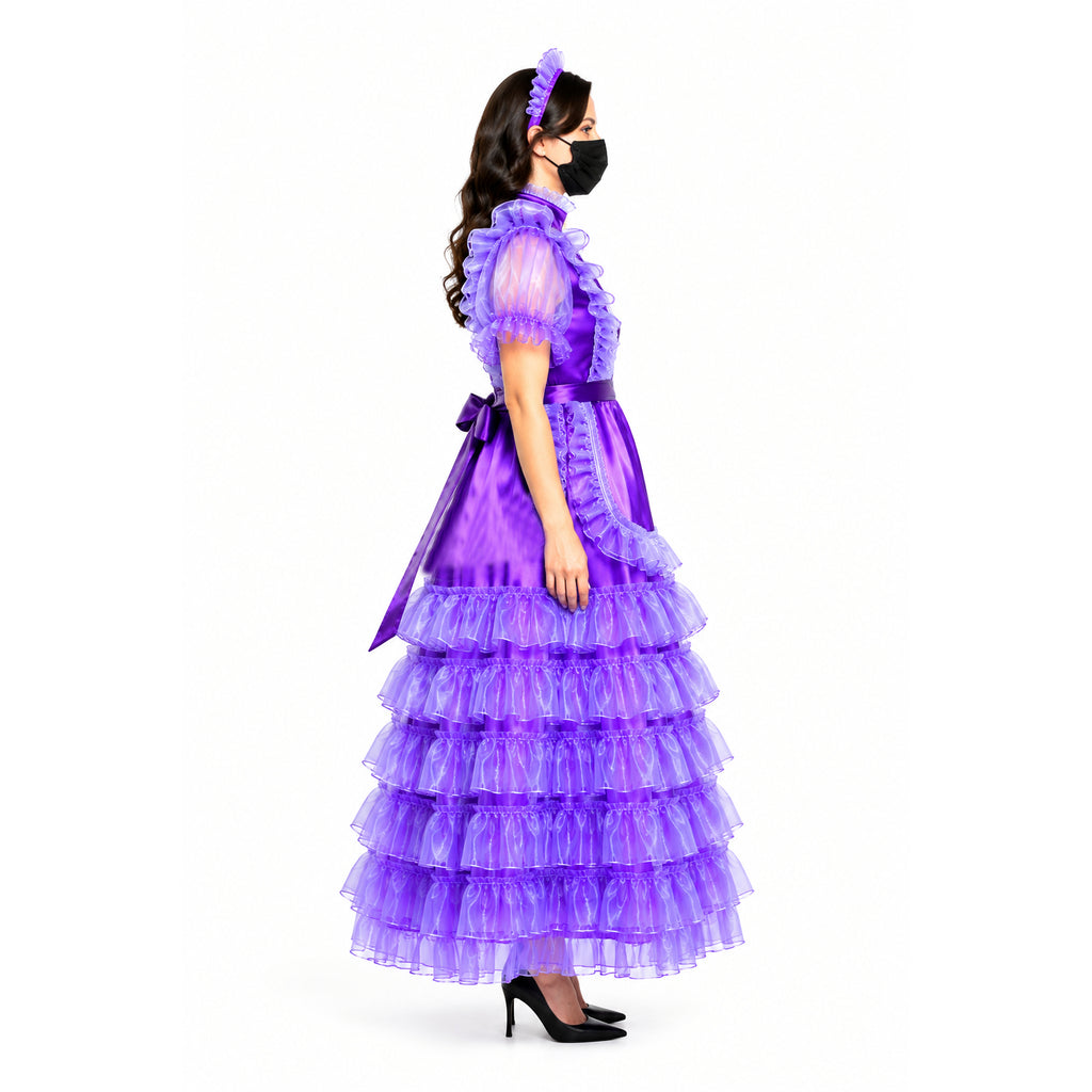 Purple sissy maid dress with ruffles, sheer sleeves, and tiered skirt, worn with matching headband and heels