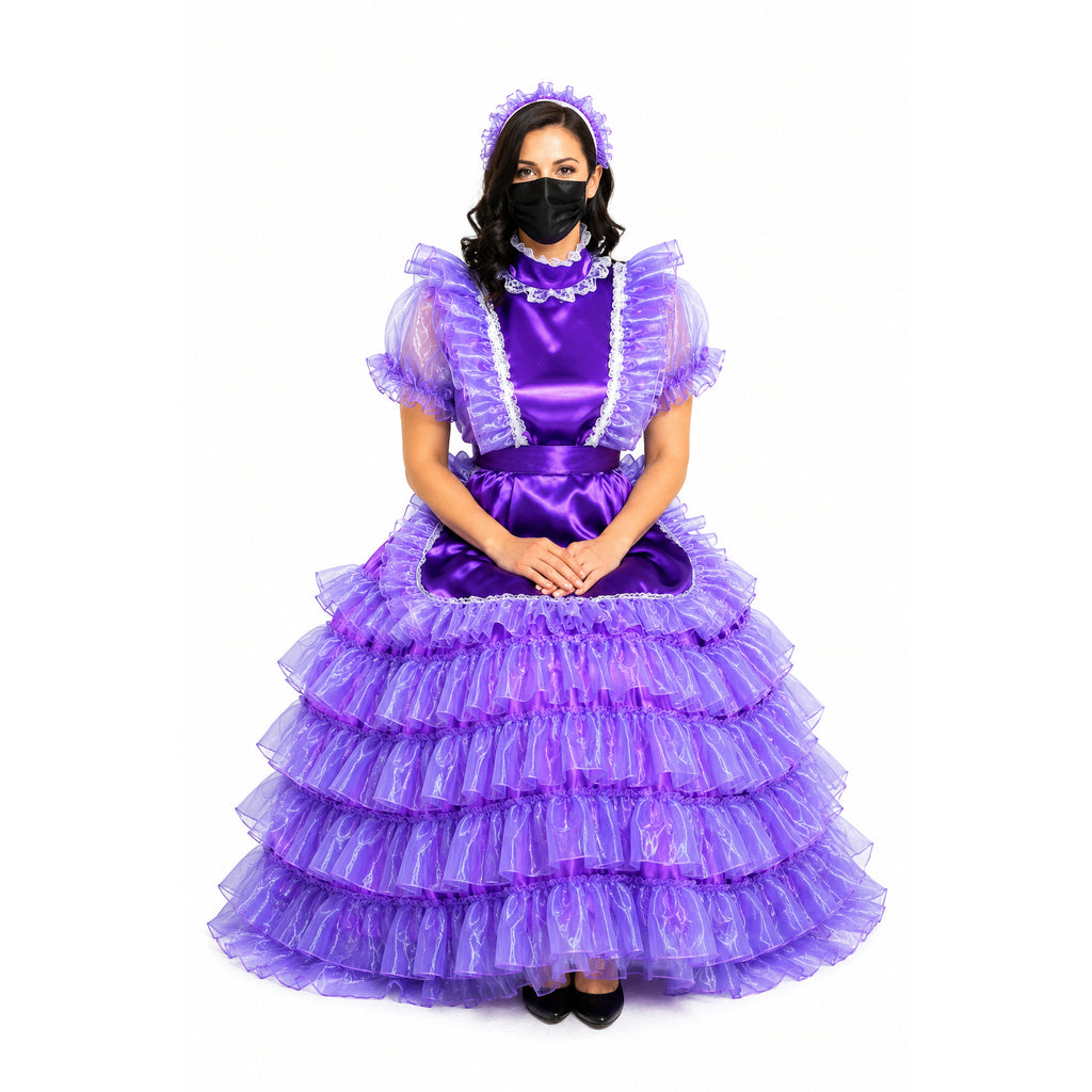 Purple sissy maid dress with ruffled layers, lace trim, and matching headband for elegant costume fashion