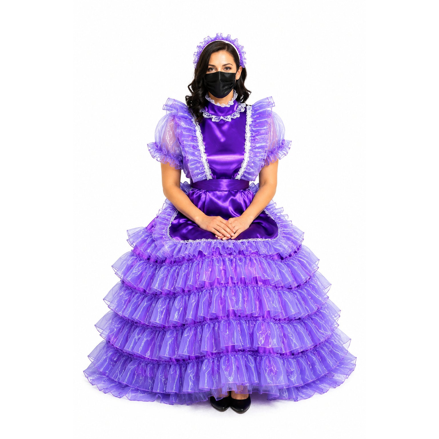 Purple sissy maid dress with ruffled layers, lace trim, and matching headband for elegant costume fashion