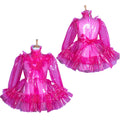 Pink PVC sissy maid dress with ruffles and bow, front and back view on mannequin