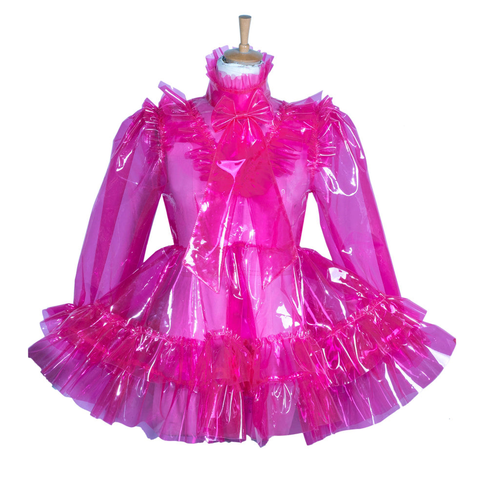 Pink PVC sissy maid dress with ruffles and bow, displayed on mannequin