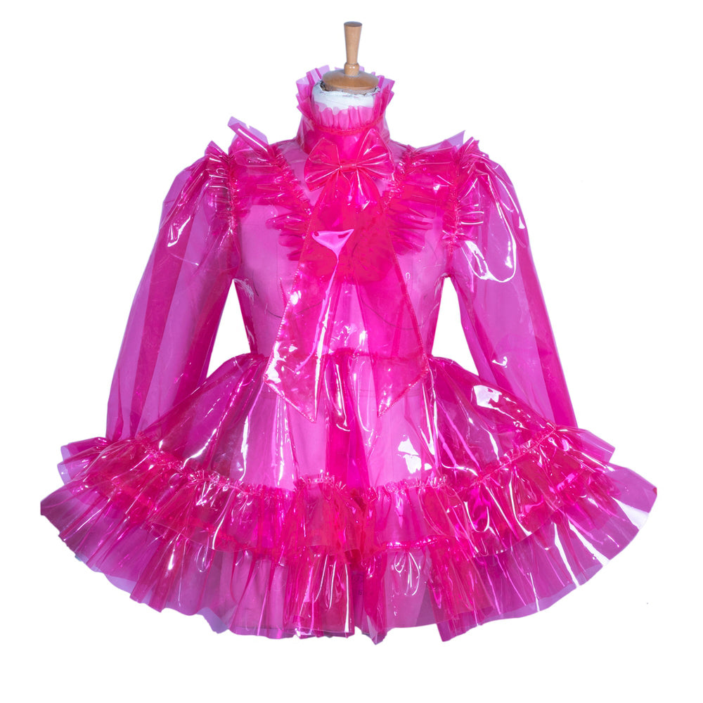 Pink PVC sissy maid dress with ruffles and bow, displayed on mannequin