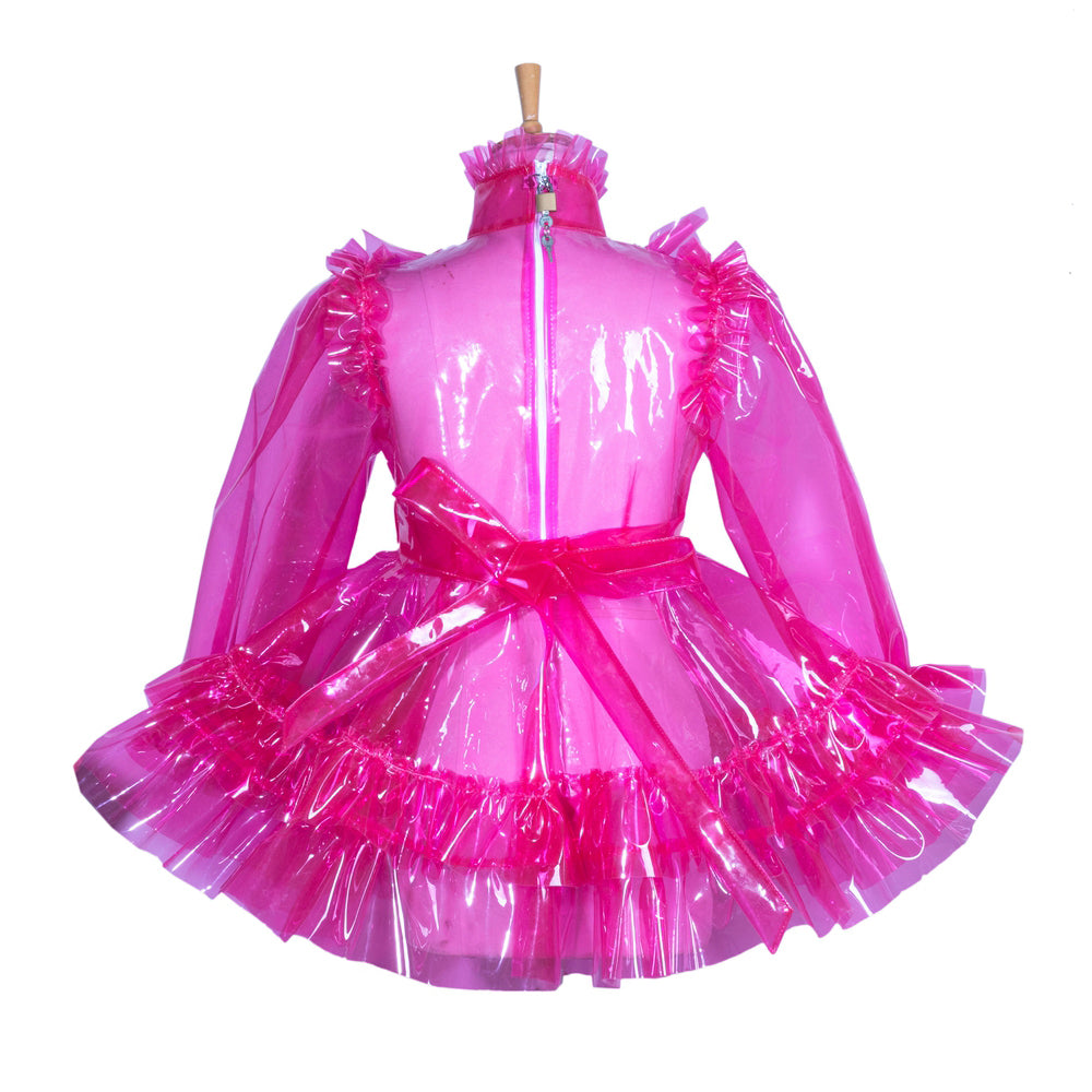 Pink PVC sissy maid dress with ruffles, bow, and back zipper on mannequin