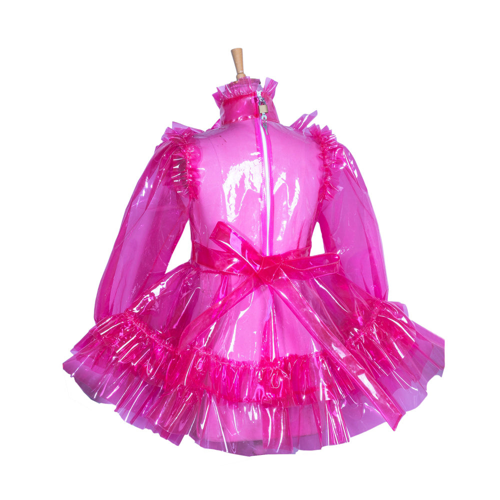 Pink PVC sissy maid dress with ruffles and bow, featuring lockable back zipper and flared skirt.