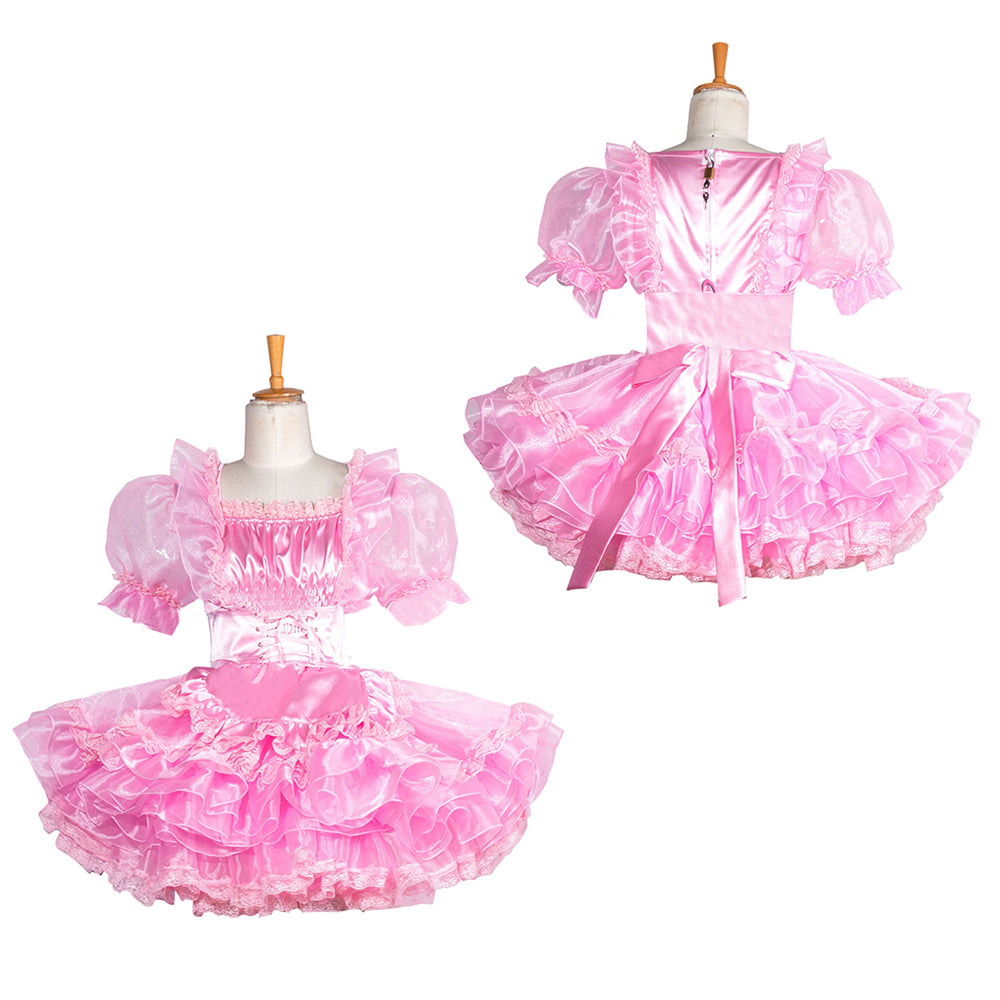 Pink sissy maid dress with ruffles, puff sleeves, and satin bow, shown front and back on mannequin