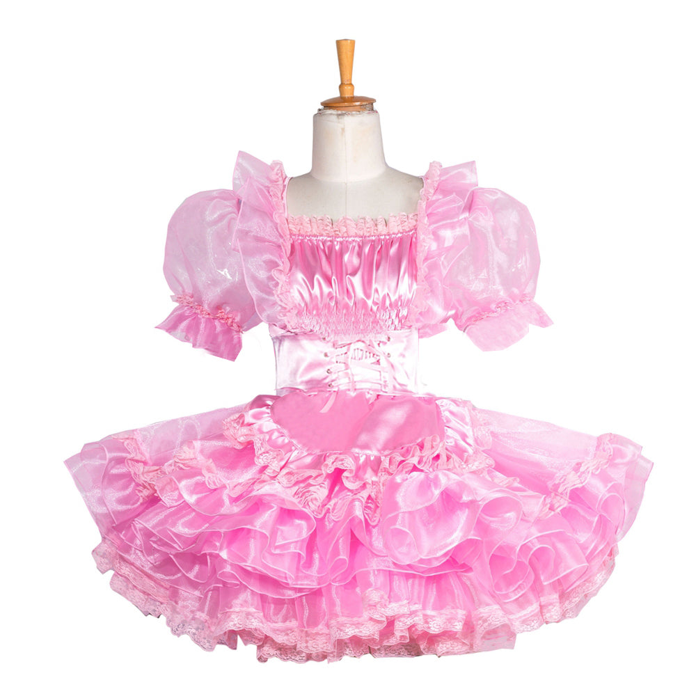 Pink sissy maid dress with ruffles, puffed sleeves, and corset waist on mannequin