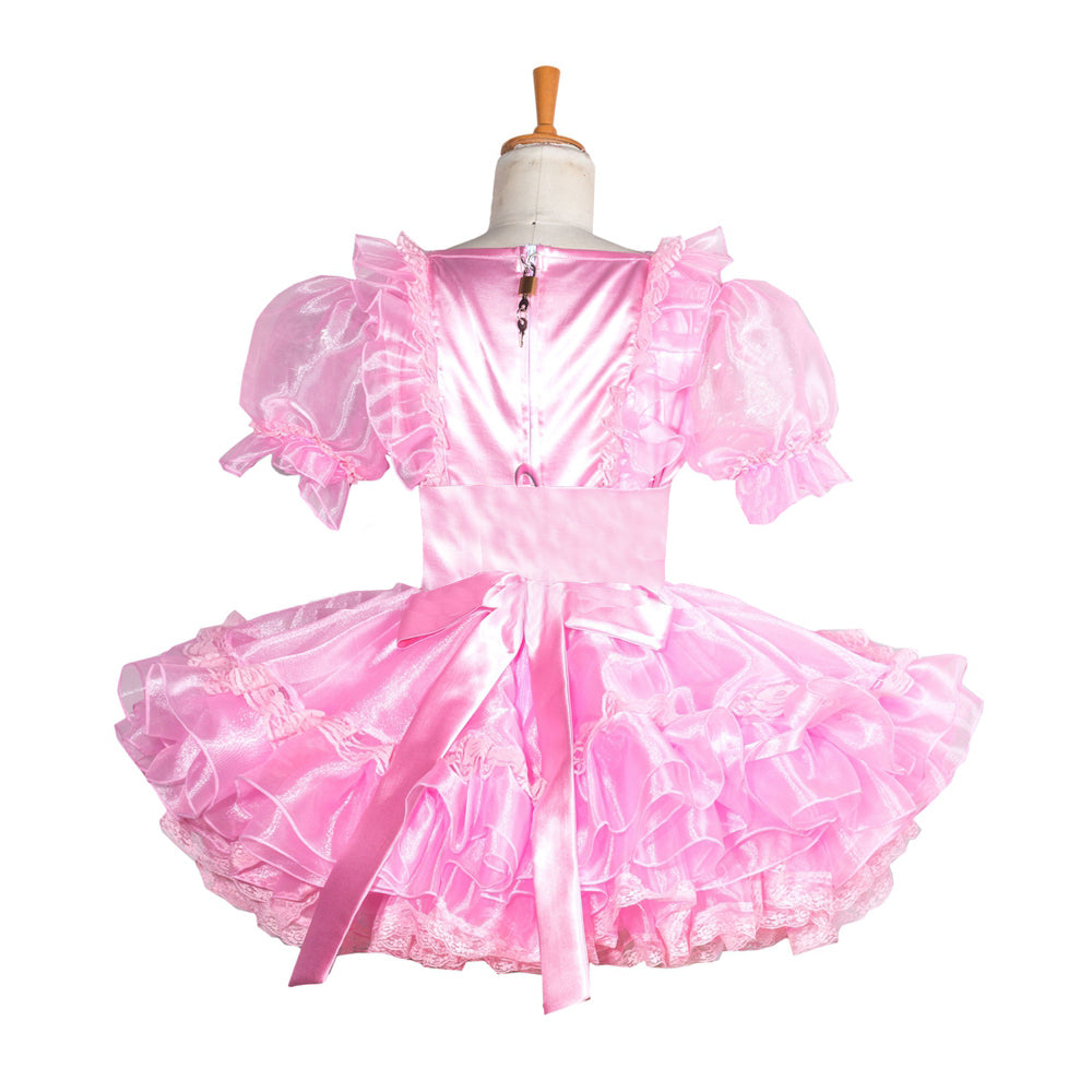 Pink sissy maid dress with ruffles, puff sleeves, and back lock detail on mannequin