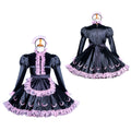 Black sissy maid dress with pink lace trim, front and back views on mannequin