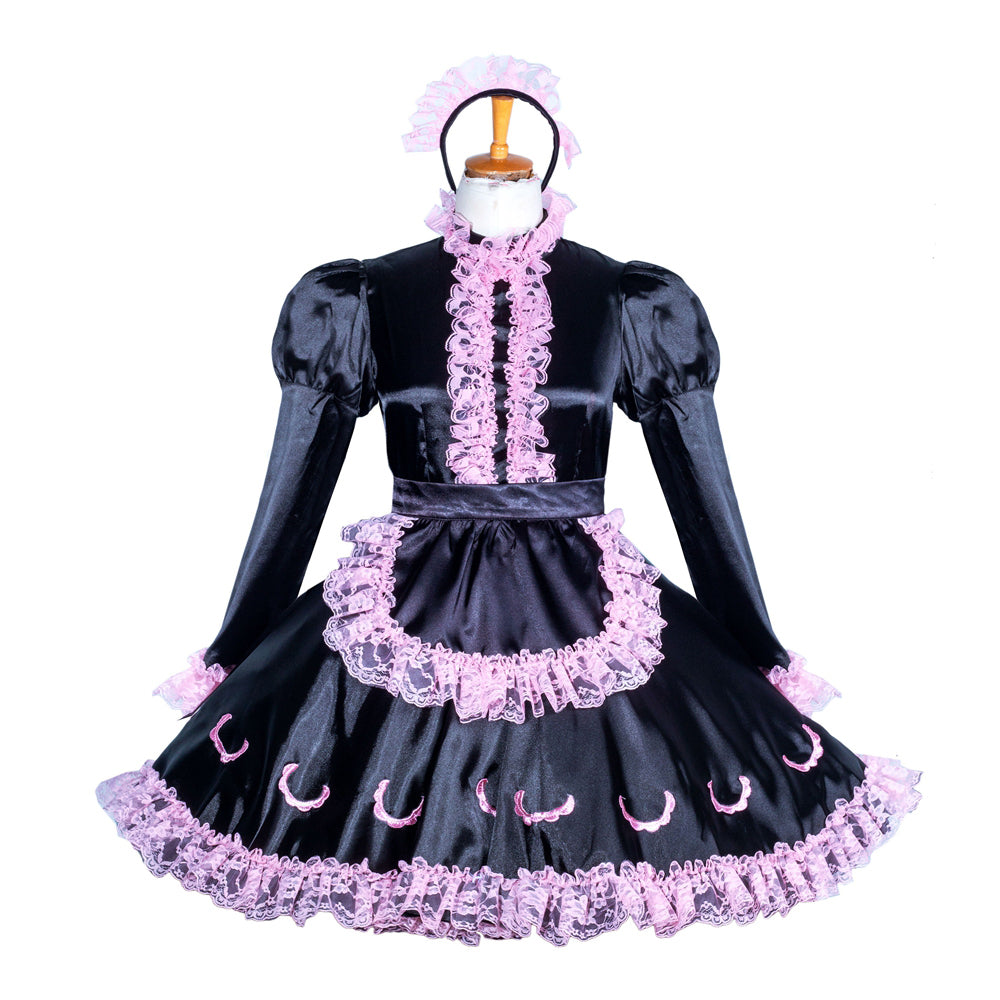 Black sissy maid dress with pink lace trim and matching headband, elegant costume set