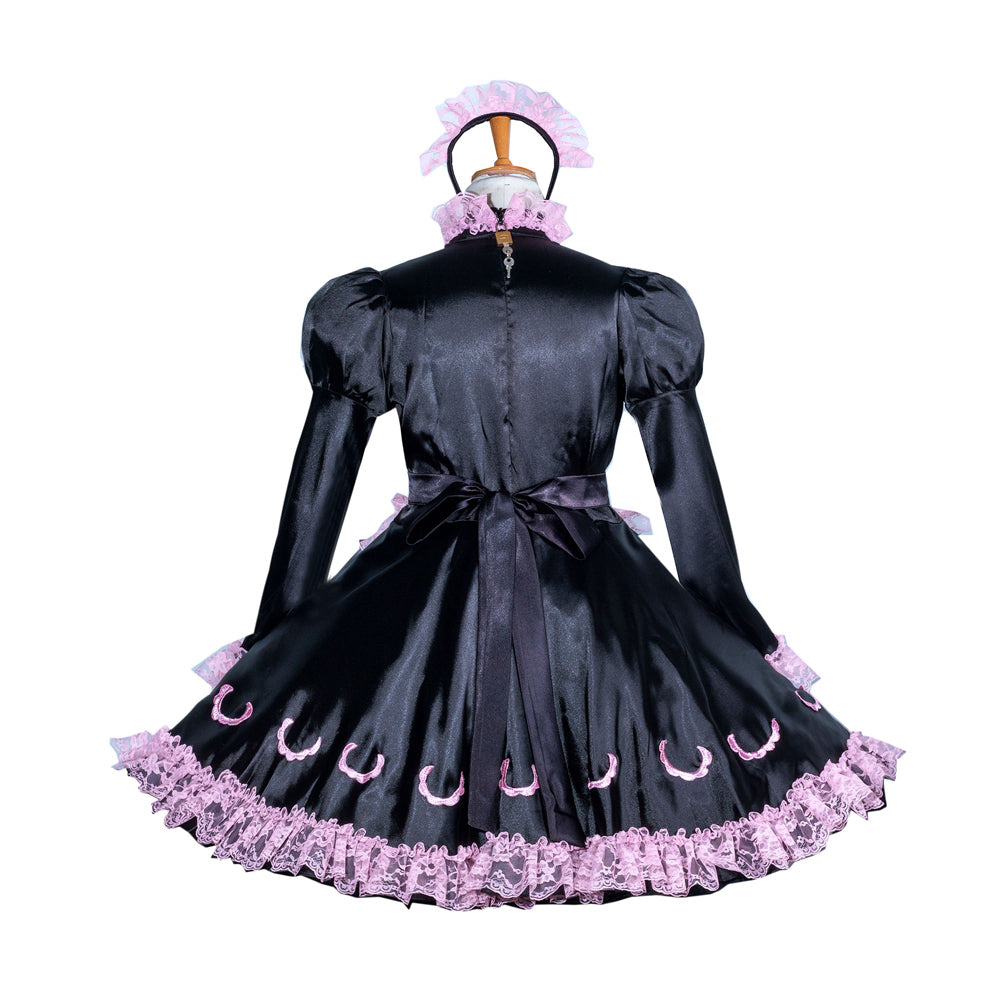 Black sissy maid dress with pink lace trim and bow, displayed on mannequin