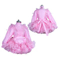 Pink sissy maid dress with ruffles, bow, and long sleeves displayed front and back
