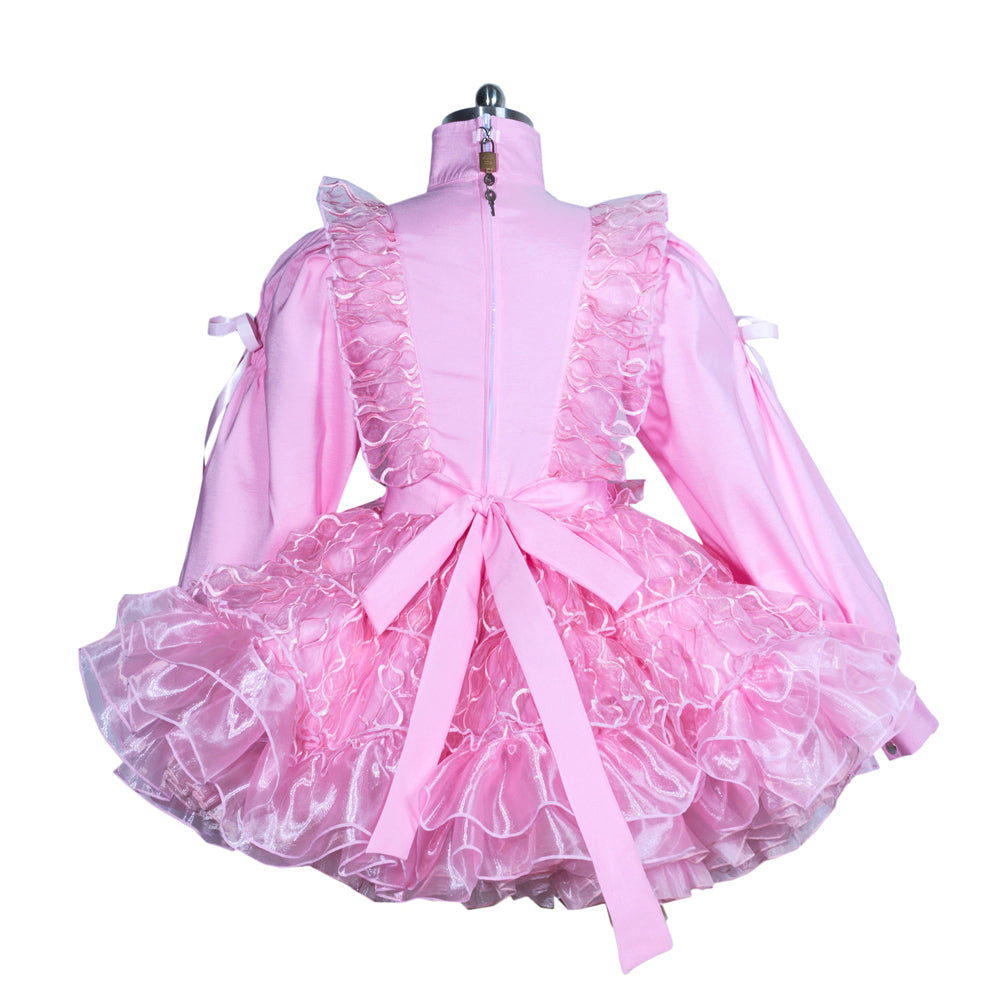 Pink sissy maid dress with ruffles, bow, and lockable back zipper