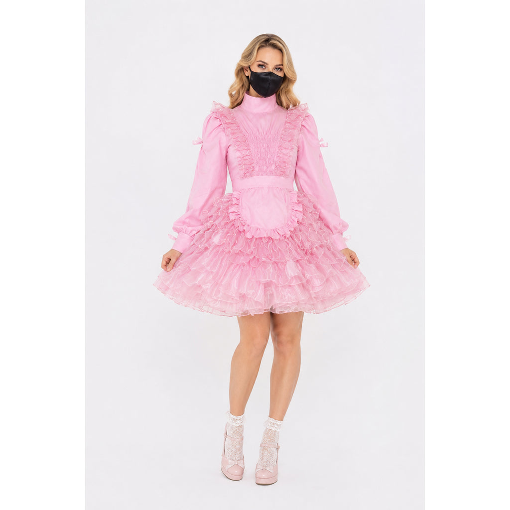 Pink sissy maid dress with ruffles, puffed sleeves, and lace-up details for elegant costume fashion