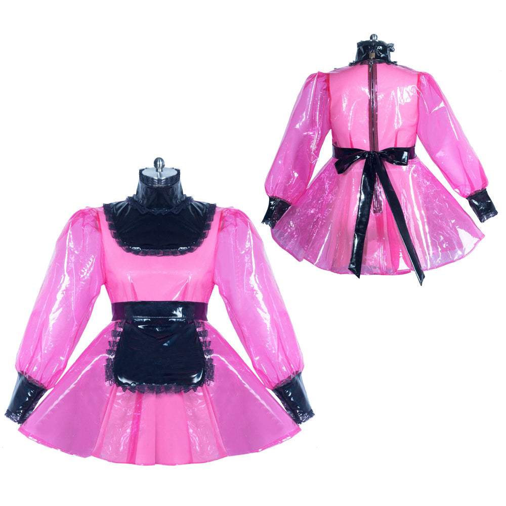 Pink PVC sissy maid dress with black lace trim and bow, front and back view