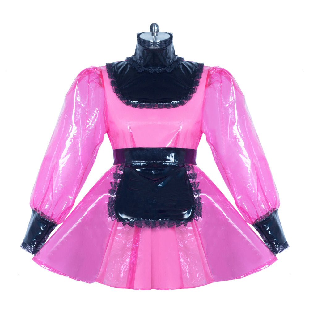 Pink PVC sissy maid dress with black lace trim and apron, displayed on mannequin