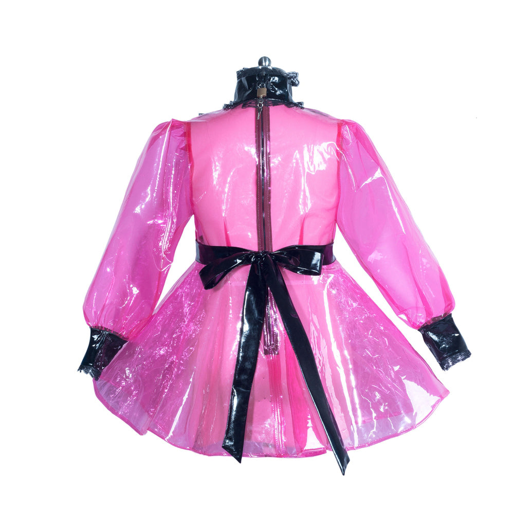 Pink PVC sissy maid dress with black bow and zipper back, featuring puffed sleeves and flared skirt.