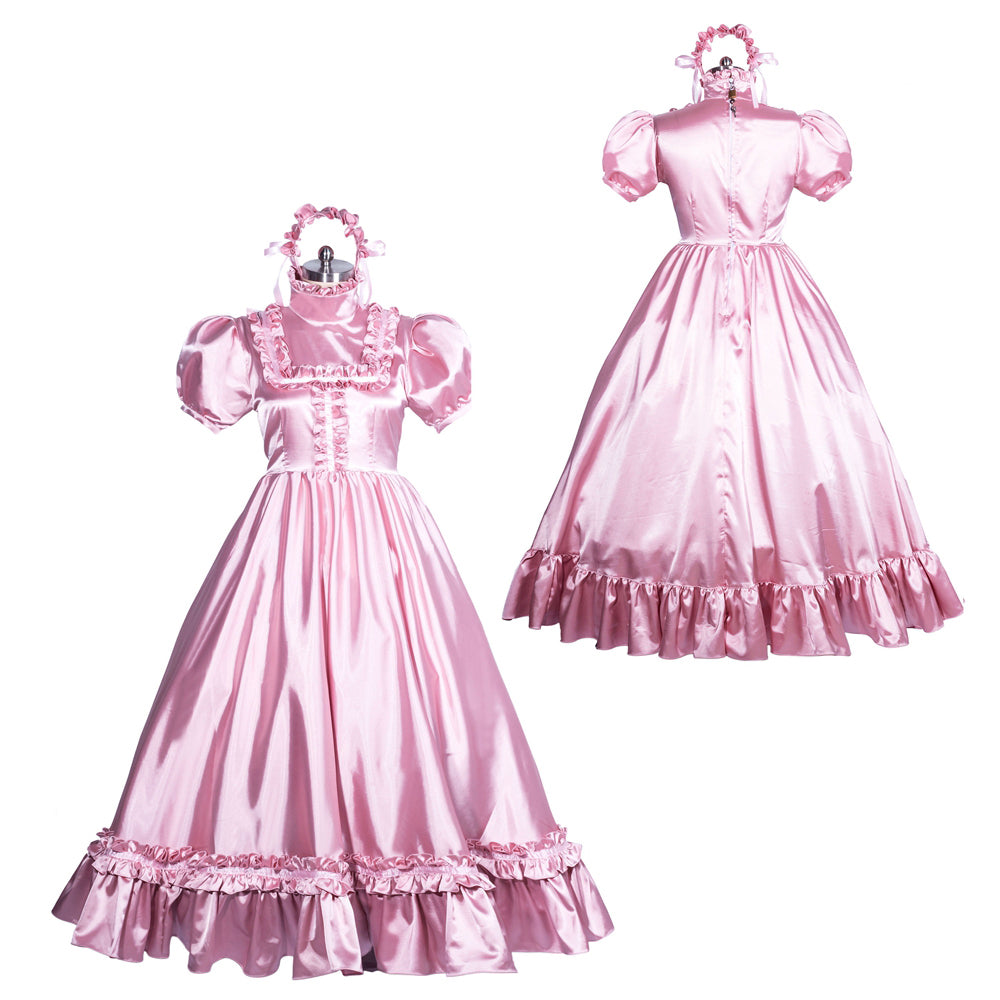 Pink satin sissy maid dress with ruffles, puff sleeves, and matching headband, shown front and back
