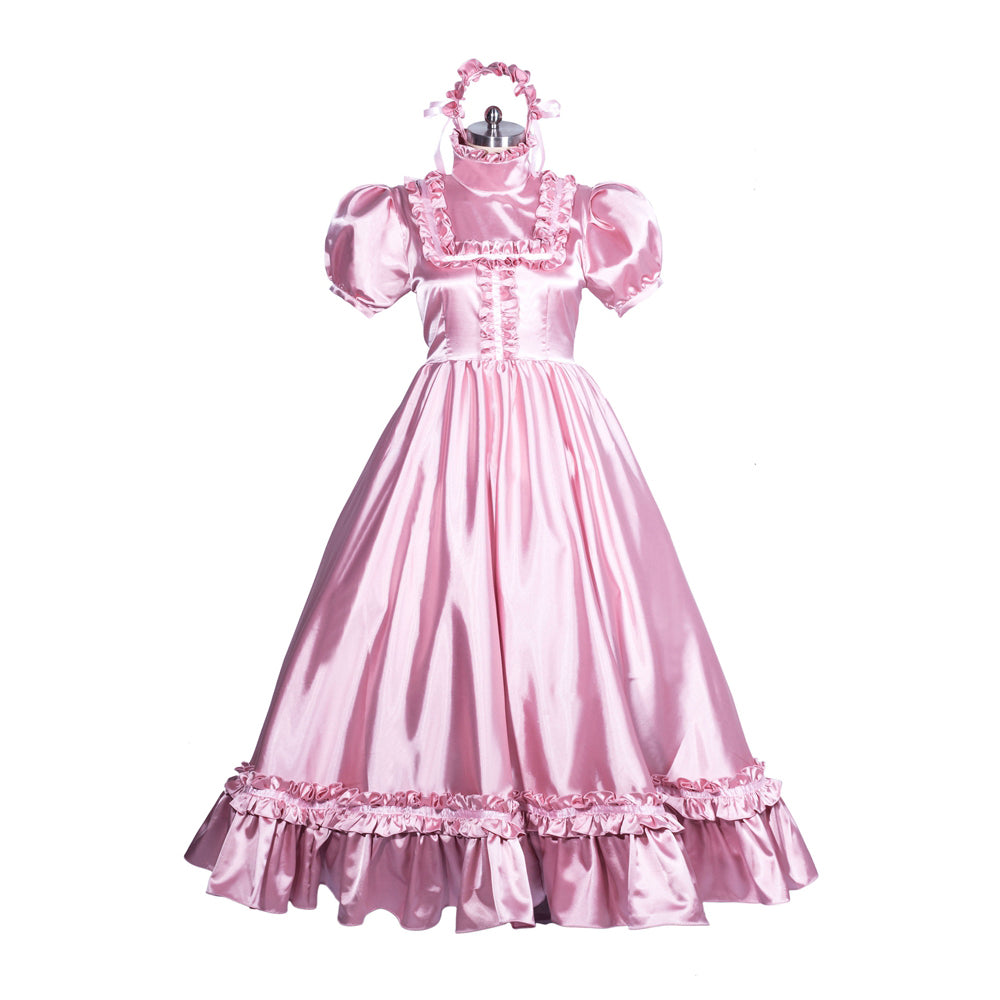 Pink satin sissy maid dress with ruffles, puffed sleeves, and matching headband on mannequin