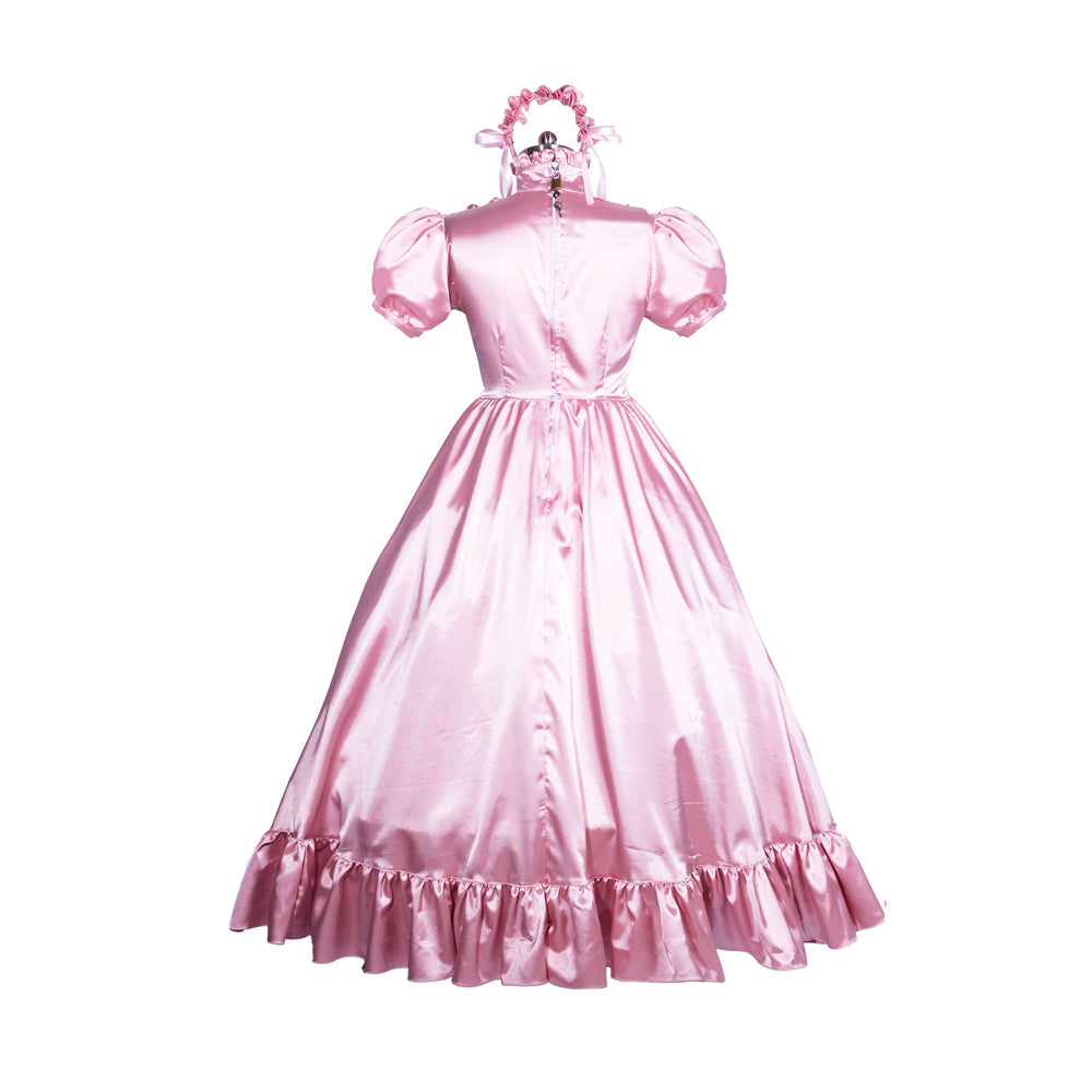 Pink satin sissy maid dress with puffed sleeves, ruffled hem, and matching headband, shown from back
