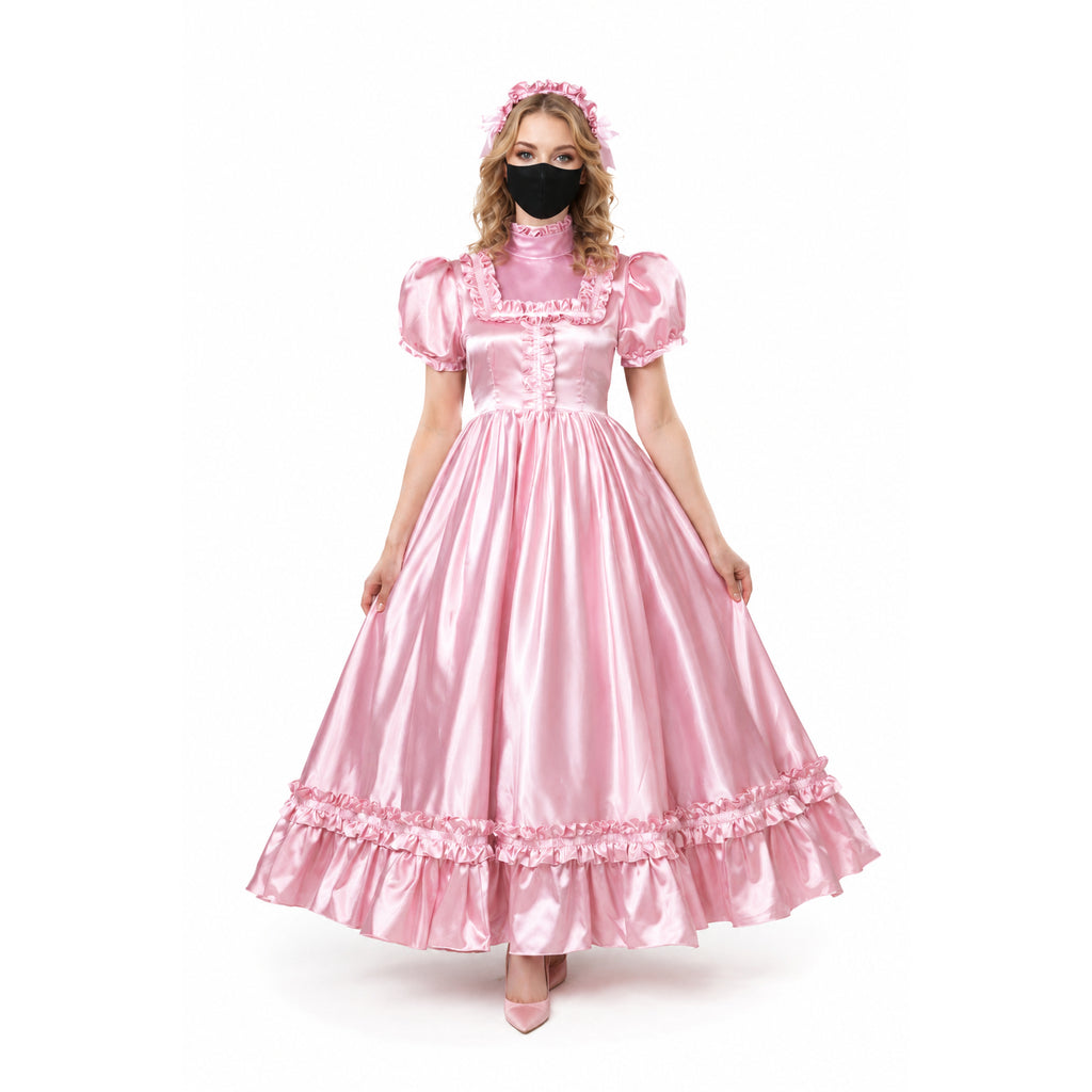 Pink satin sissy maid dress with ruffles, puff sleeves, and matching headband for costume fashion