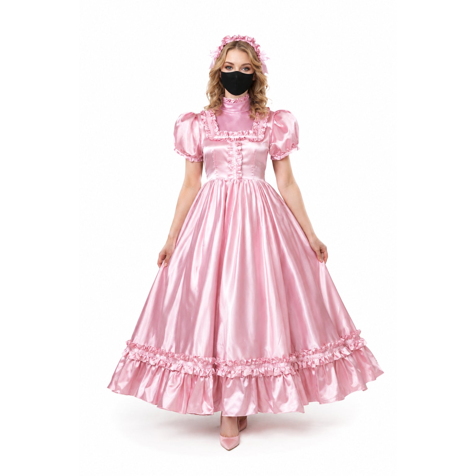 Pink satin sissy maid dress with ruffles, puff sleeves, and matching headband for costume fashion