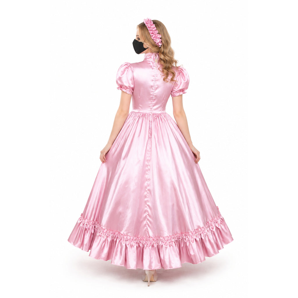 Pink satin sissy maid dress with ruffles, puff sleeves, and back buttons, shown from behind