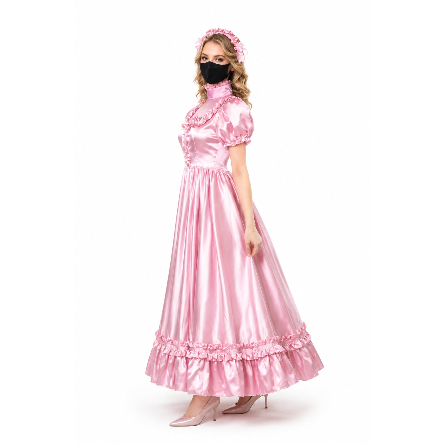 Pink satin sissy maid dress with ruffles, high collar, and matching headband, styled for elegant costume fashion