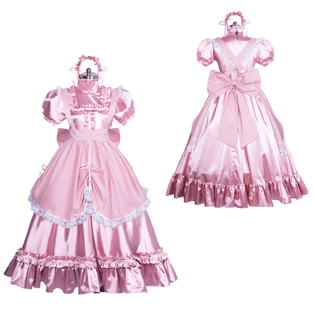 Pink sissy maid dress with ruffles, bow, and lace trim, shown front and back on mannequin