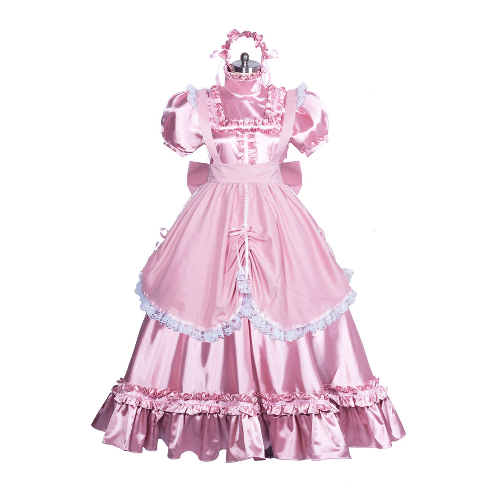 Pink sissy maid dress with ruffles, lace trim, and bow accents on mannequin