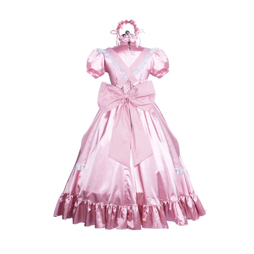 Pink sissy maid dress with bow, ruffles, and lace trim, shown from back on mannequin