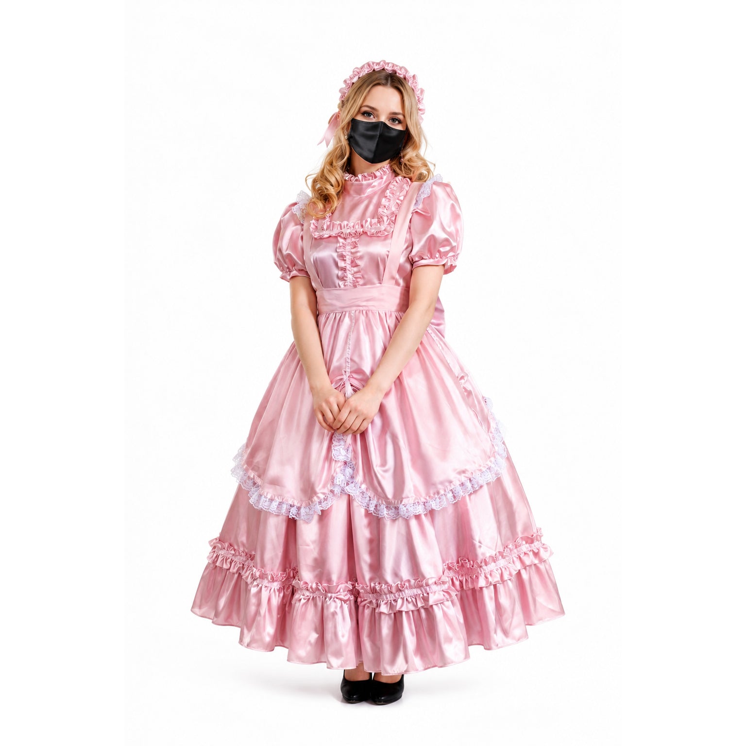 Pink sissy maid dress with ruffles, lace trim, and matching bonnet, styled for elegant costume fashion.