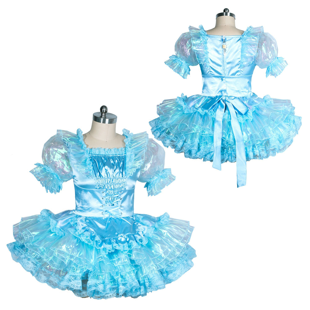 Light blue sissy maid dress with ruffles, puffed sleeves, and satin finish on mannequin