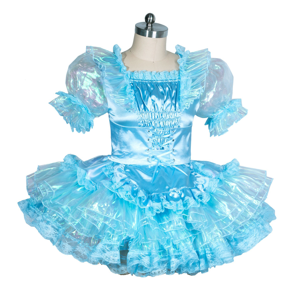 Light blue sissy maid dress with puffy sleeves, ruffles, and corset lacing on mannequin