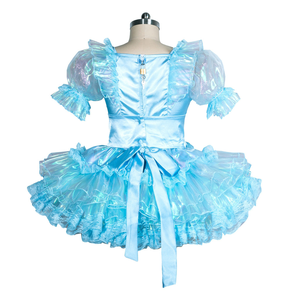 Light blue sissy maid dress with ruffled sleeves, layered tulle skirt, and back zipper lock detail