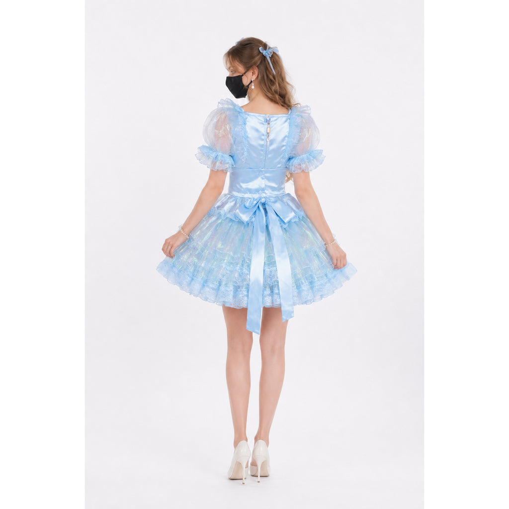 Light blue sissy maid dress with puffy sleeves, lace trim, and satin bow, shown from back