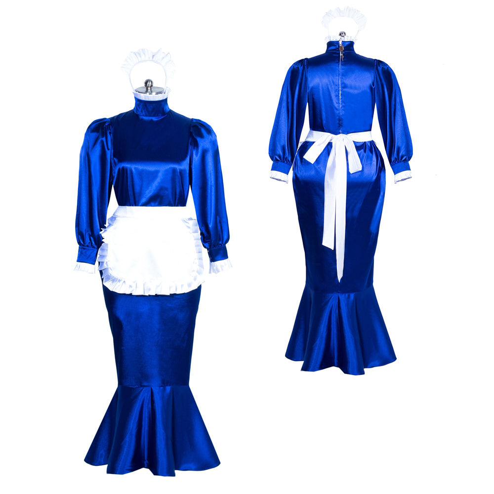 Royal blue satin sissy maid dress with white apron, ruffled collar, and mermaid hem, shown front and back.