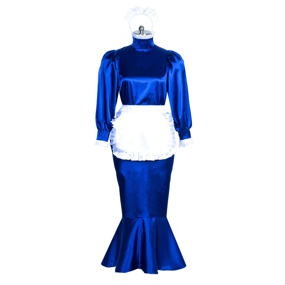 Royal blue sissy maid dress with white apron and frilled cap, elegant satin costume set