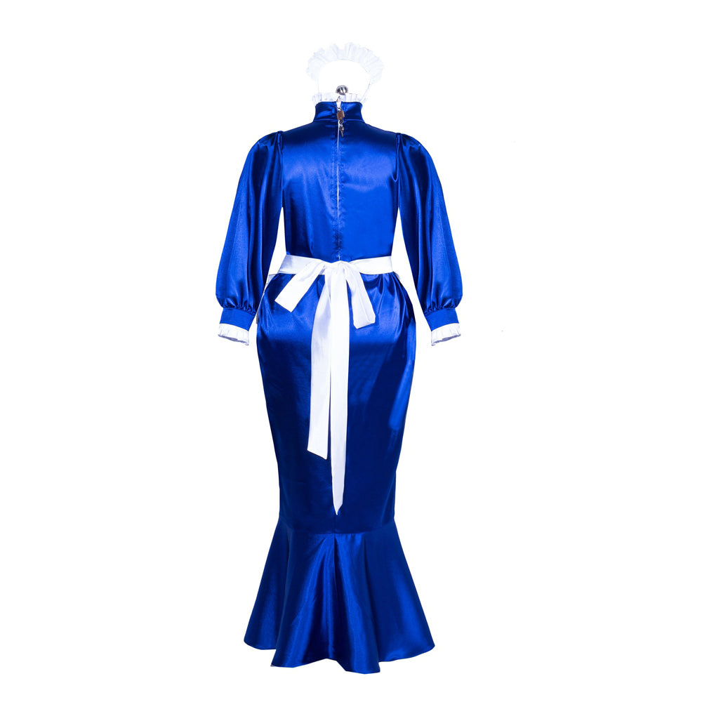 Royal blue sissy maid dress with white apron bow and ruffled collar, elegant satin costume