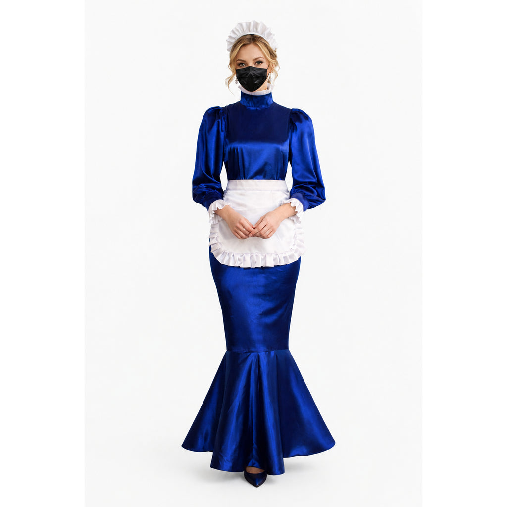 Blue satin sissy maid dress with white apron and cap, elegant fit for costume fashion