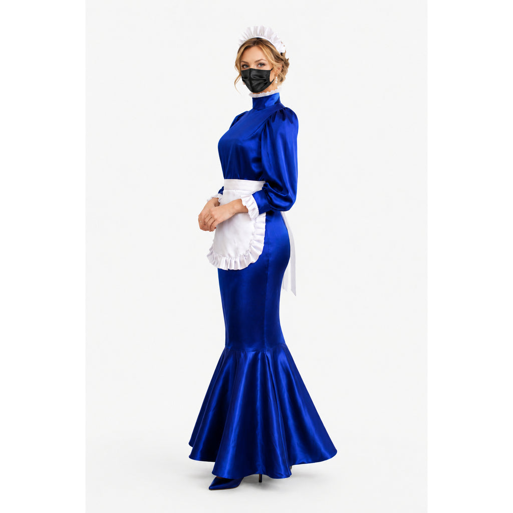 Royal blue satin sissy maid dress with white apron, cap, and black mask, elegant mermaid silhouette