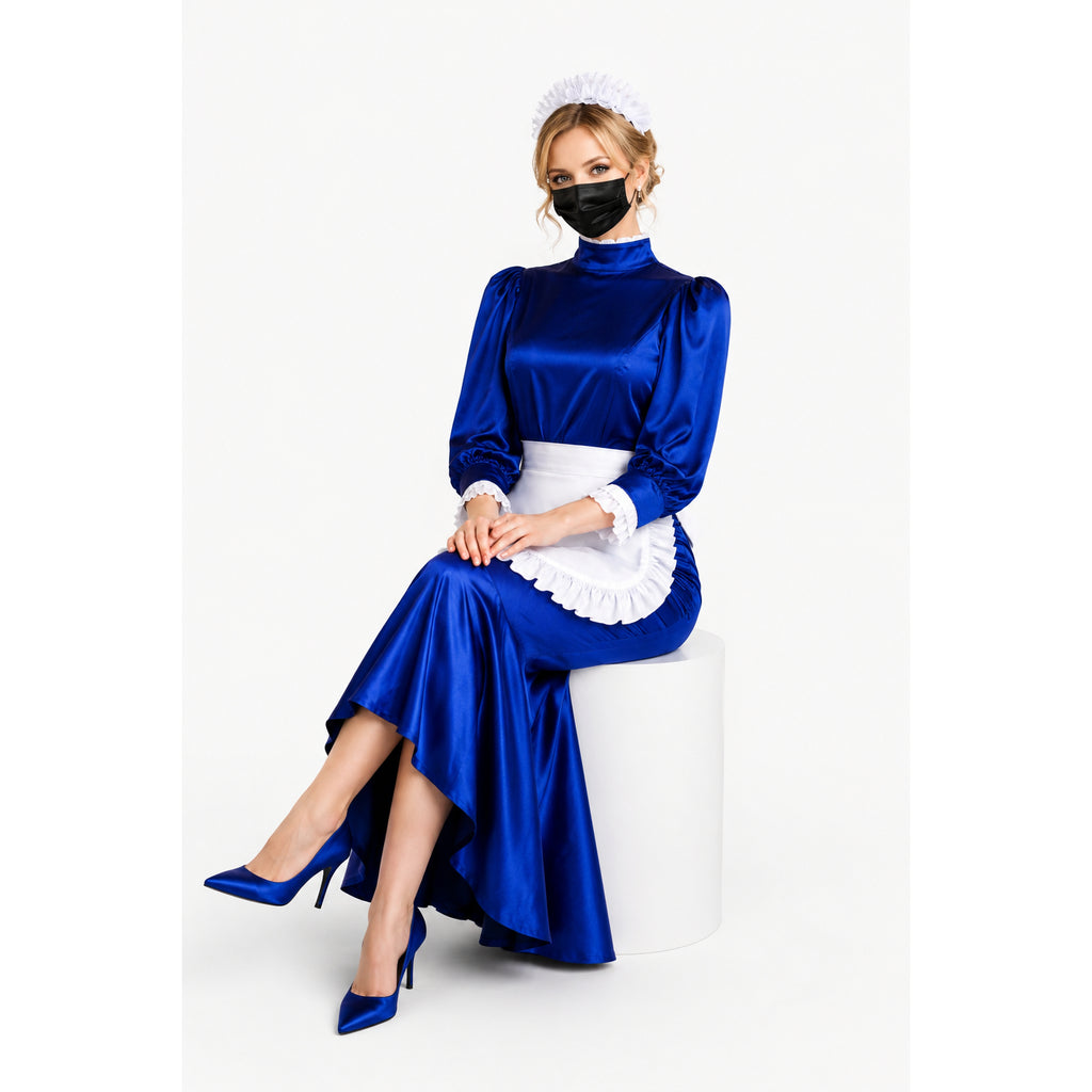 Blue satin sissy maid dress with white apron, ruffled cuffs, and matching heels, styled with a face mask.